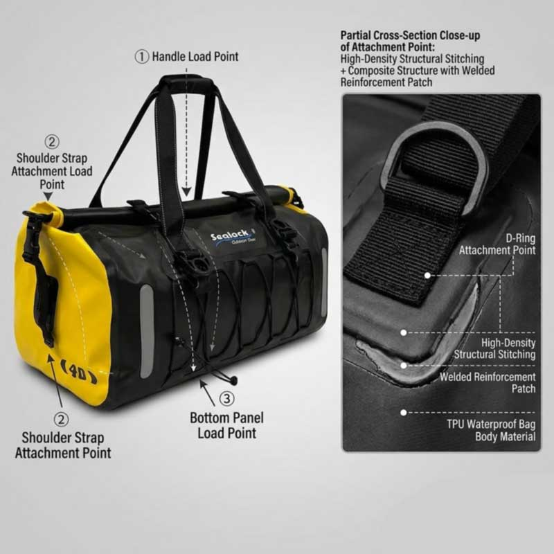 Load path of a loaded waterproof duffel through handles, strap anchors and base, with reinforced hybrid stitched-and-welded anchor construction