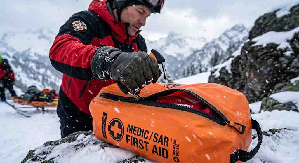 Search and rescue worker easily accessing an RF welded TPU dry bag with an airtight zipper in freezing alpine conditions
